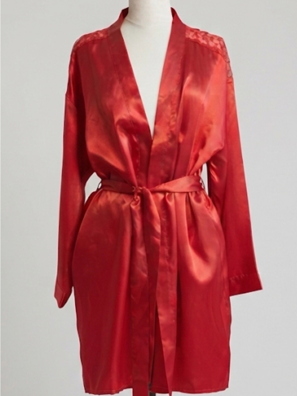 LA VIE EN ROSE Red Satin Robe Sheer Embroidered Shoulder Detail Lounge